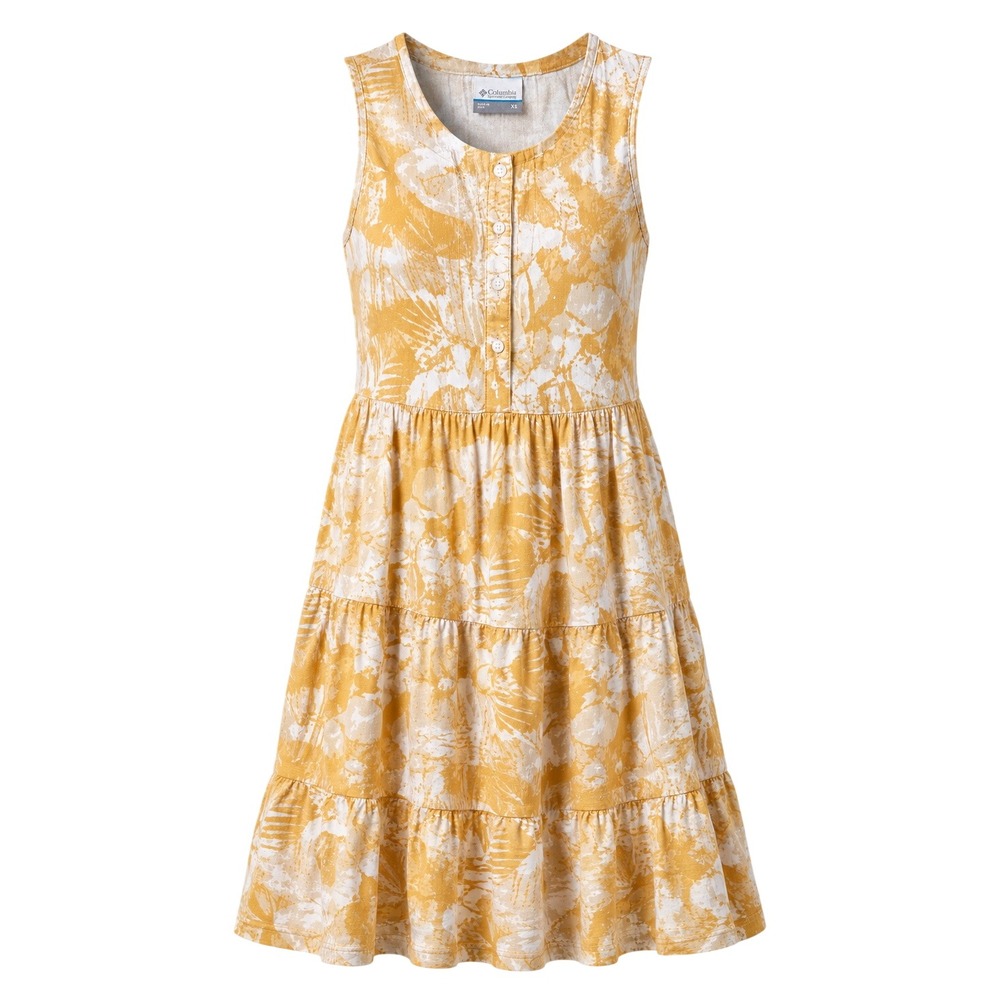 Columbia Dress Womens XS Yellow White Tropical Leaf Cotton Gauze Tiered Midi
